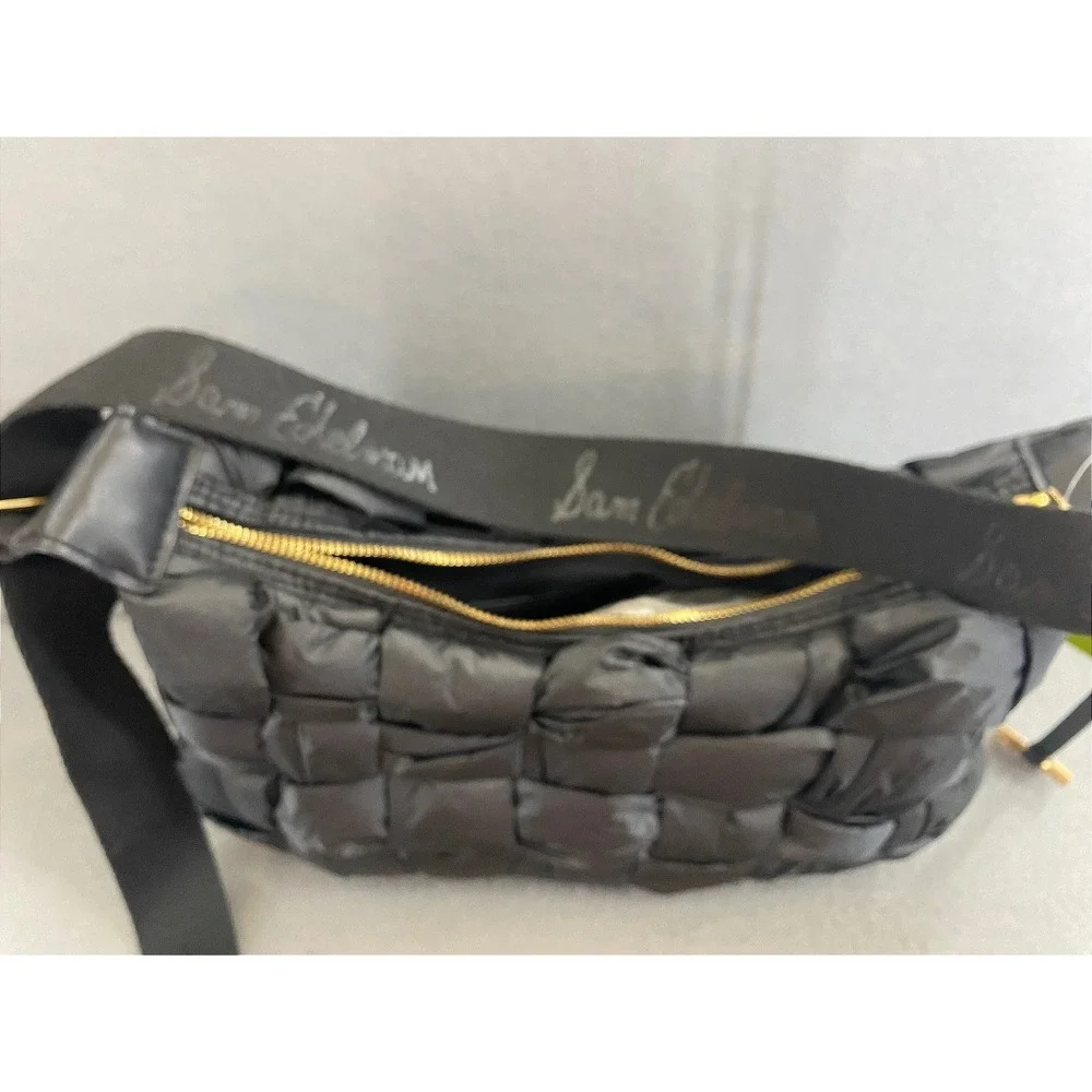 Sam Edelman ELCIE Black Puffer Woven Quilted Hobo Shoulder Bag Gold Logo NWT‎